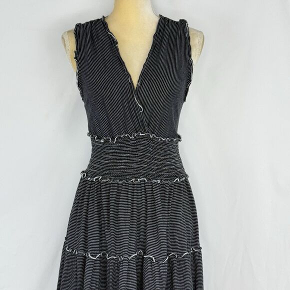 Max Studio Black Tiered Ruffle Smocked Striped A Line Dress Womens Size M - Picture 5 of 16